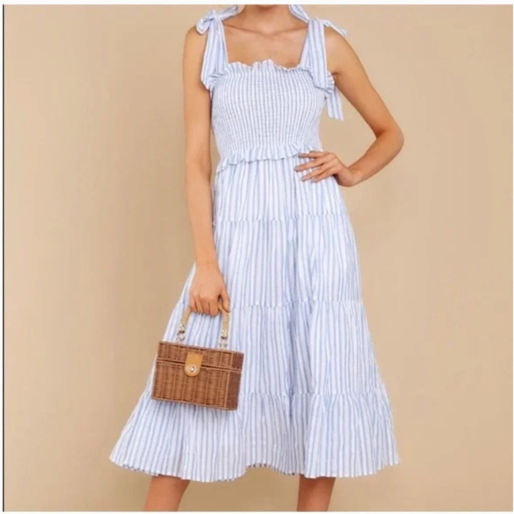 Blue & White Striped Smocked midi dress small Red Dress Boutique